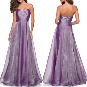 LA FEMME Strapless Purple Metallic Organza Gown